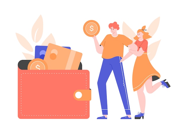 Young couple next to a wallet with bank cards and coins. Family budget, savings, loans and deposits. Financial  flat illustration with characters.