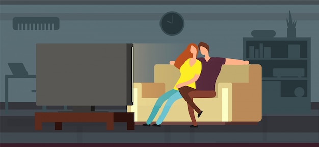 Young couple watching tv on sofa in modern living room vector illustration