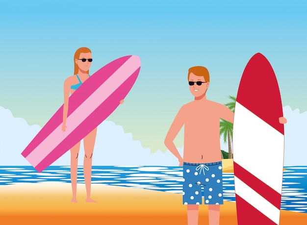 Young couple wearing swimsuits with surfboards on the beach scene