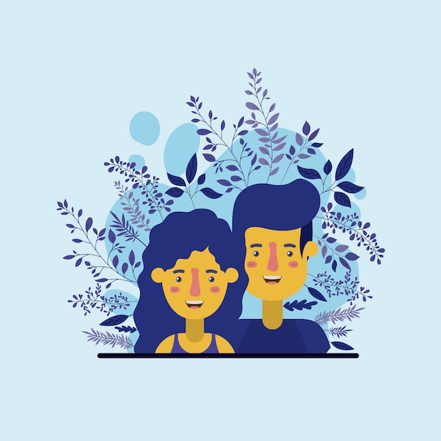 young couple with leafs decoration characters