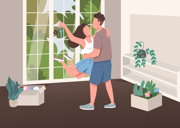 Young couple with new apartment key flat color illustration. Young family happy moment. Wife and husband relocating 2D cartoon characters with living room interior on background