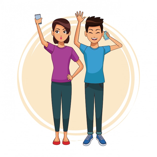 Young couple with smartphones round icon