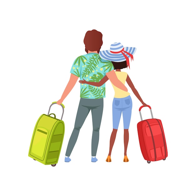 Young couple with travel bags back view man and woman traveling together during summer vacation vector Illustration isolated on a white background