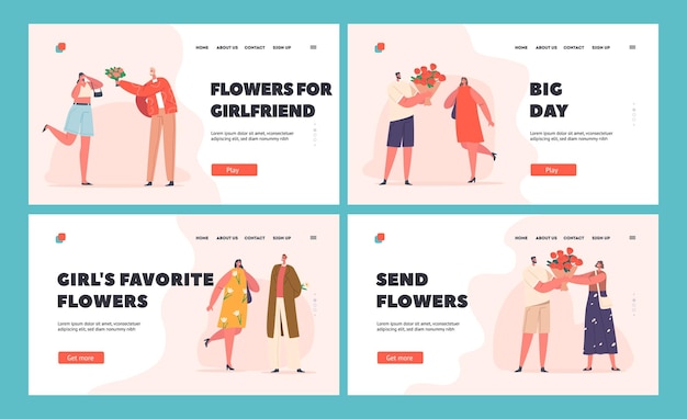 Young Couples Dating Landing Page Template Set Men Giving Bouquets to Girls Boyfriends Presenting Flowers to Girls