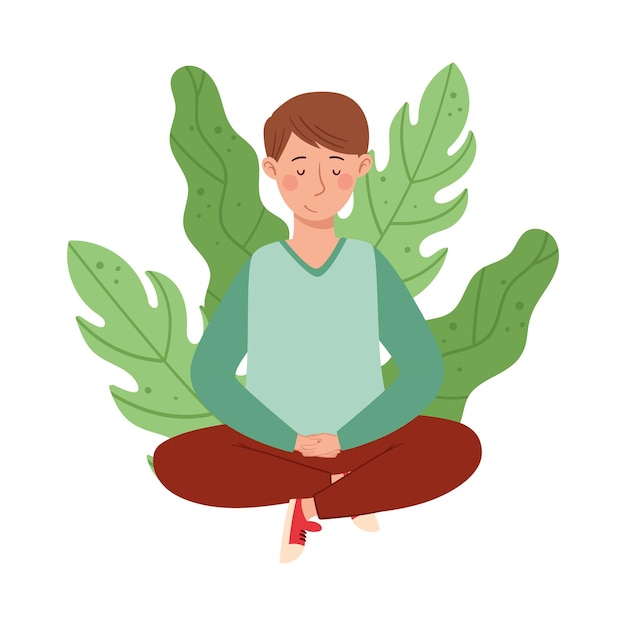 Vector young crosslegged boy sitting on the ground with floral leaves behind vector illustration