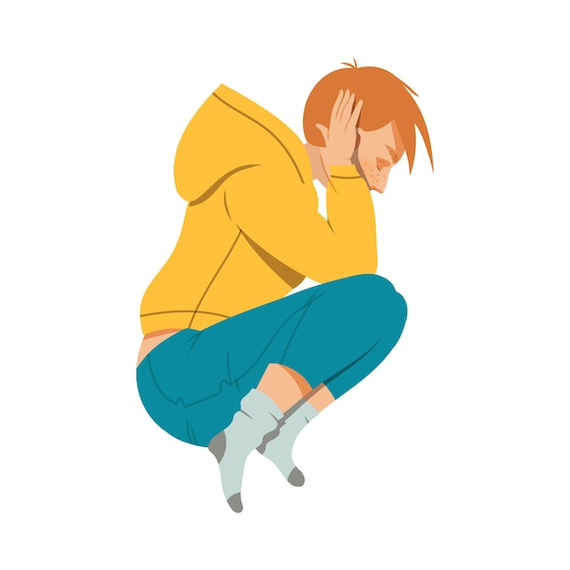 Vector young crouching man suffering from negative emotion covering his ear with his hands vector