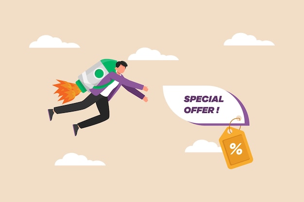 Young Customers using a rocket and flying for taking special offer in flash sale Flash sale and Discount Concept Flat vector illustration isolated