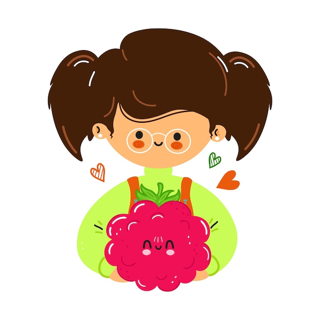 Young cute funny little girl hold raspberries in hand