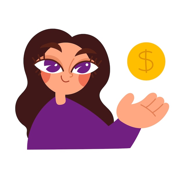 A young cute girl holds a large gold coin in her hand Finance investment money saving on hand Holding money saving in business hand concept online payment and payment vector render concept