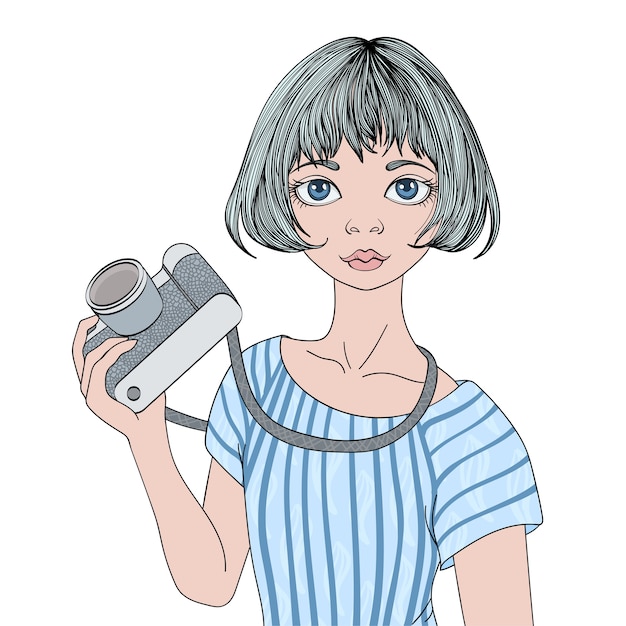 Young cute girl with photo camera. Portrait illustration, isolated.