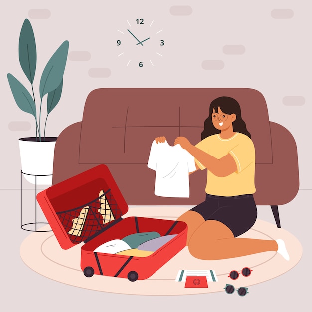 Young cute smiling girl sitting on floor and packing her suitcase or bag and preparing for trip or travel. Happy traveler getting ready for summer vacation. Flat cartoon colorful vector illustration.