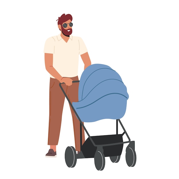 Young Dad and Little Baby in Stroller Walk Together Dad on Maternity Leave Single Father Concept Man Walking With Child in Carriage Isolated on White Background Cartoon People Vector Illustration