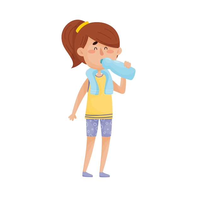 Young darkhaired girl character standing and drinking still water from bottle vector illustration