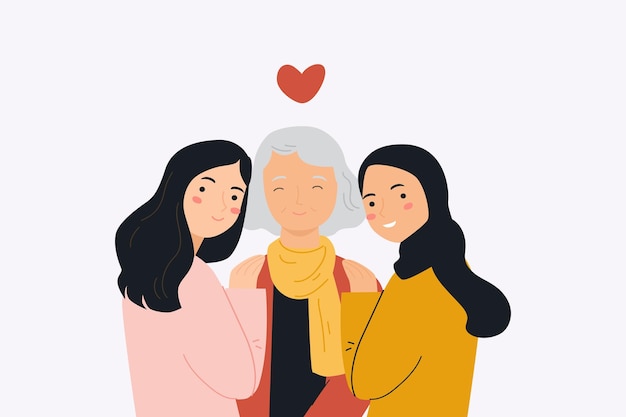 Young daughter and old mom cartoon illustration