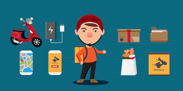 Young delivery man in helmet with parcel on back and object of equipment in his work motorcycle map application in smartphone in cartoon style for graphic designer vector illustration