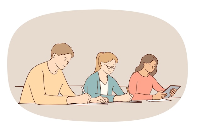 Young diverse people sit at desk study together in college or university Male and female students engaged in education process in high school write in notebook Learner concept Vector illustration