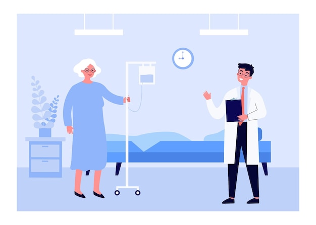 Young doctor and old woman in hospital.