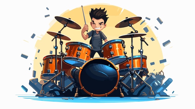 Vector young drummer in action vibrant illustration of musician playing drums