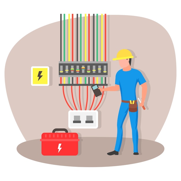 Vector young electrician professional checking and testing wire using multimeter power supply and wiring