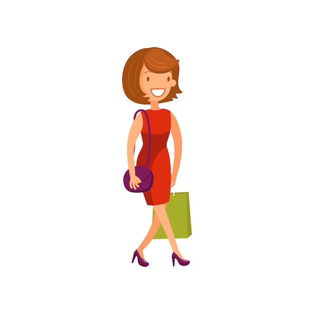 Young elegant woman in red dress walking with shopping bags cartoon vector illustration isolated on a white background