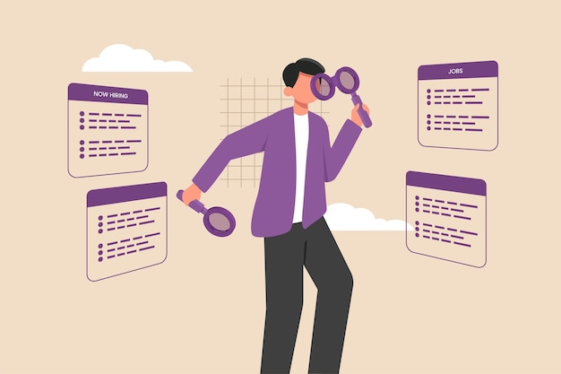 Young employee using magnifying glass in both hands searching for new hiring career Job searching and seeking concept Vector illustration