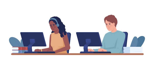 Young employees working side by side semi flat color vector characters