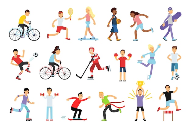 Vector young energetic man and woman doing sport activity vector illustration set