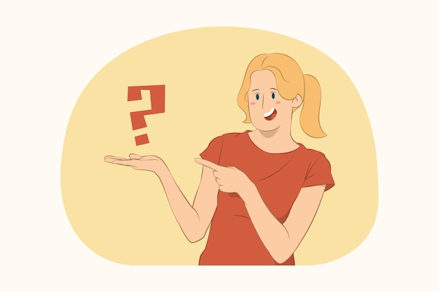 Young excited woman point hands arms aside on question mark concept