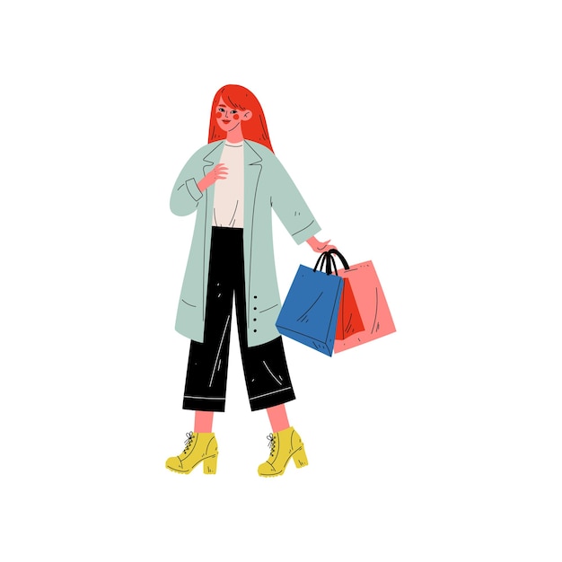 Young Fachion Woman Carrying Shopping Bags with Purchases Girl Purchasing Seasonal Sale at Store Mall Shop Vector Illustration on White Background