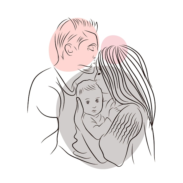 Young family love mom and dad hugging a newborn warm feelings line