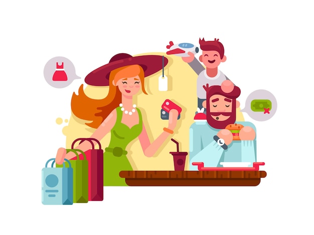 Young family shopping. Mother father and little son. Vector illustration