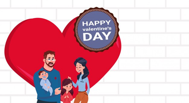 Vector young family standing over red heart parents with kids on happy valentines day