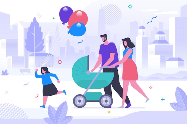 Young family on stroll flat vector illustration. Cheerful mother, father with kids cartoon characters. Married couple with pram, little girl holding festive balloons. Happy parenthood, outdoor leisure