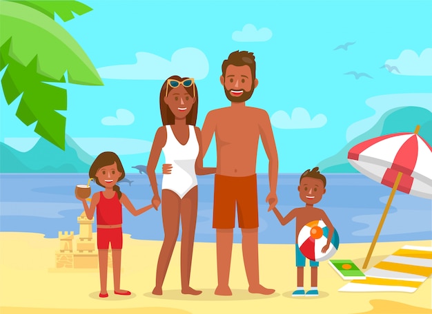 Vector young family on summer holidays flat illustration.