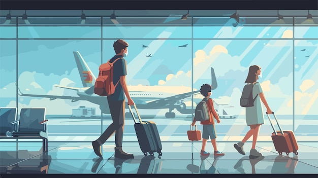 Young Family Traveler Wearing Masks Vector Illustration