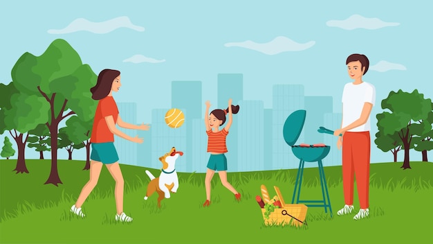 Vector young family with child and a dog on a picnic in a city park