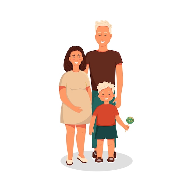 Young family with little son pregnant woman with baby and husband Vector characters