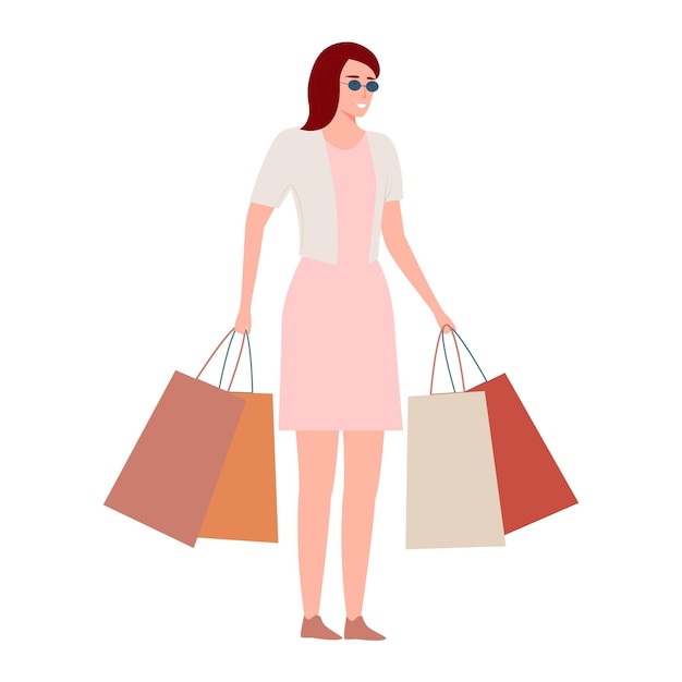 Young fashion woman holding shopping bags after shopping isolated on white background Modern girl with summer style Vector illustration