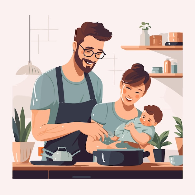 Vector young father cooking dad household chores