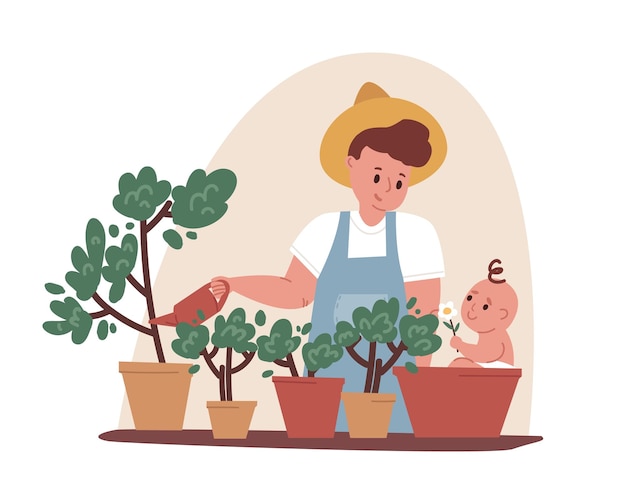 Young father doing gardening with baby, sitting in pot. Dad watering plants. Household chores and fatherhood concept. Colored flat cartoon vector illustration isolated on white background.