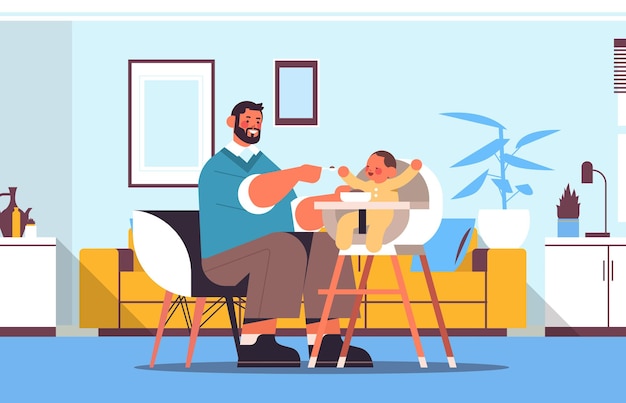 Vector young father feeding his little son on kids eating chair fatherhood parenting concept dad spending time with baby at home living room interior horizontal full length vector illustration