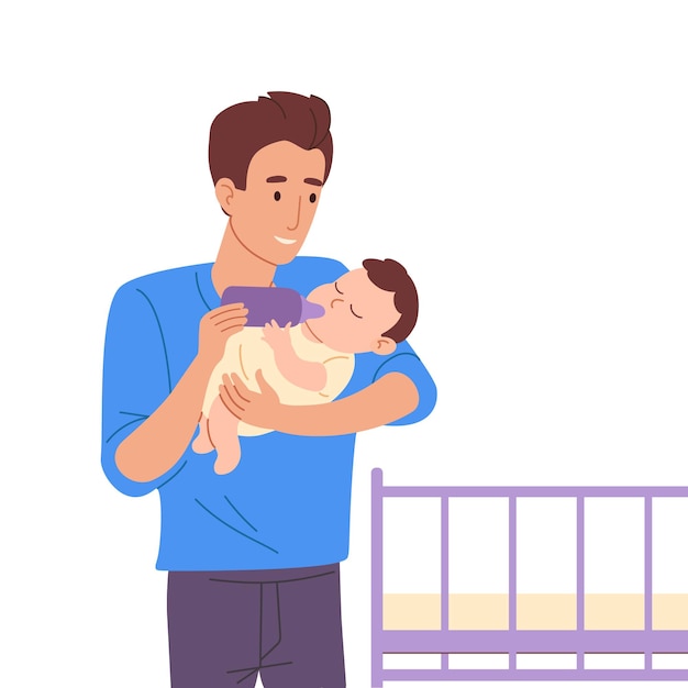 Young father feeds the baby from a baby bottle