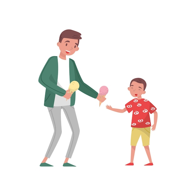 Young father giving icecream to his son Family day Dad spending time with his child Smiling man and little boy Flat vector design