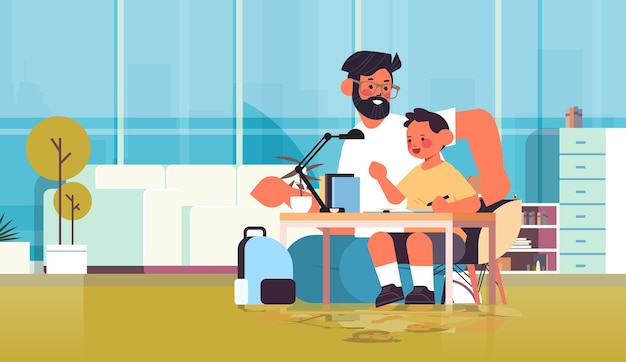 young father helping son doing homework parenting fatherhood friendly family concept dad spending time with kid at home living room interior full length horizontal vector illustration