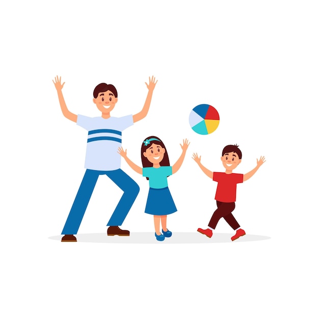 Young father playing in ball with his children Dad daughter and son Family recreation Outdoor activity Fatherhood concept Cartoon people characters Flat vector design