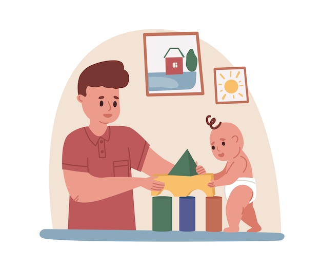 Young father playing with baby. Dad spending time with toddler during paternity leave. Fatherhood concept. Colored flat cartoon vector illustration of daddy with son isolated on white background.