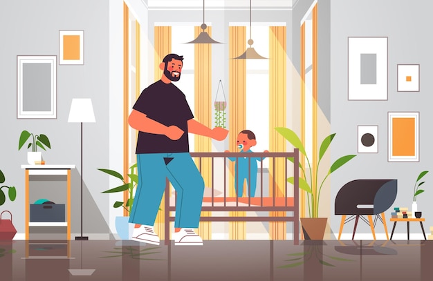 young father playing with little son in crib fatherhood parenting concept dad spending time with his kid at home bedroom interior full length horizontal vector illustration