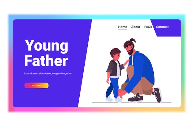 young father tying the laces on child boots parenting fatherhood concept dad spending time with his kid at home full length horizontal copy space vector illustration