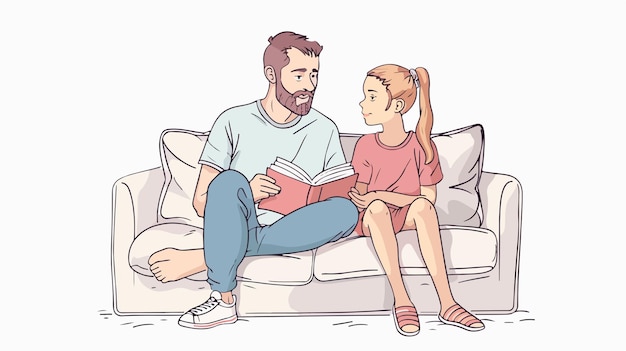 Vector young father with daughter at home reading a book