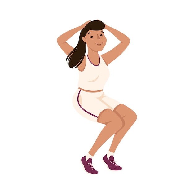 Vector young female in athletic wear at gym doing squat physical exercise and workout vector illustration